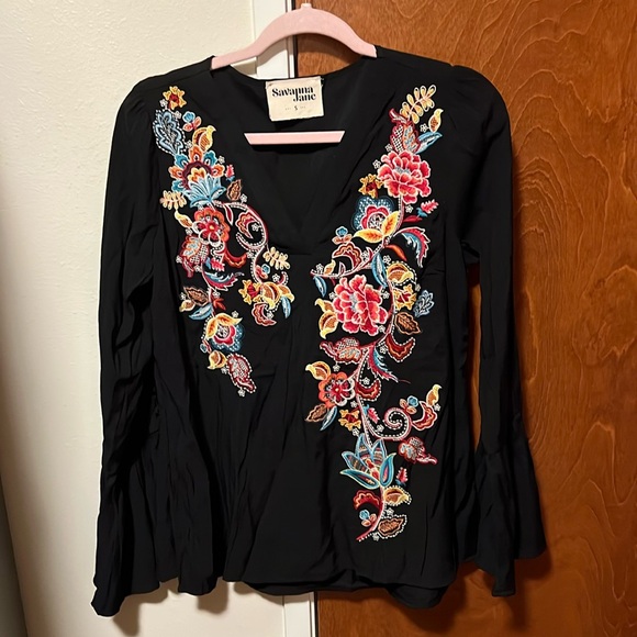 Savannah Jane Tops - Savanna Jane Black V-Neck Blouse with Multicolor Floral Embroidery